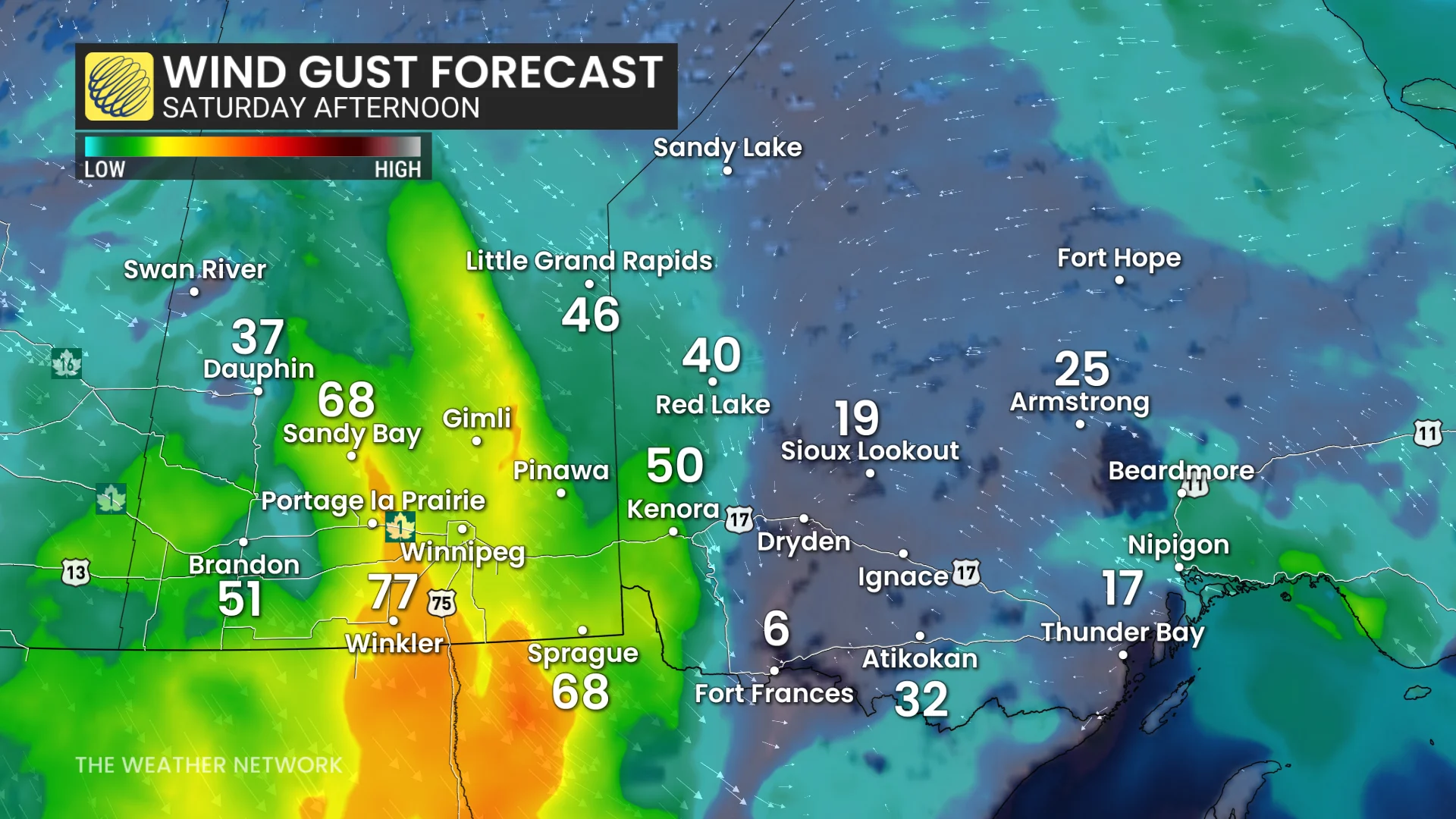 Baron - Wind forecast Saturday afternoon - Manitoba NW Ontario - Mar13