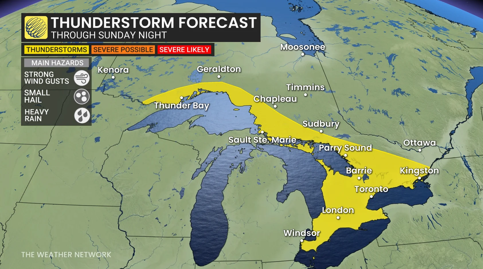 Ontario storm risk map through Sunday night