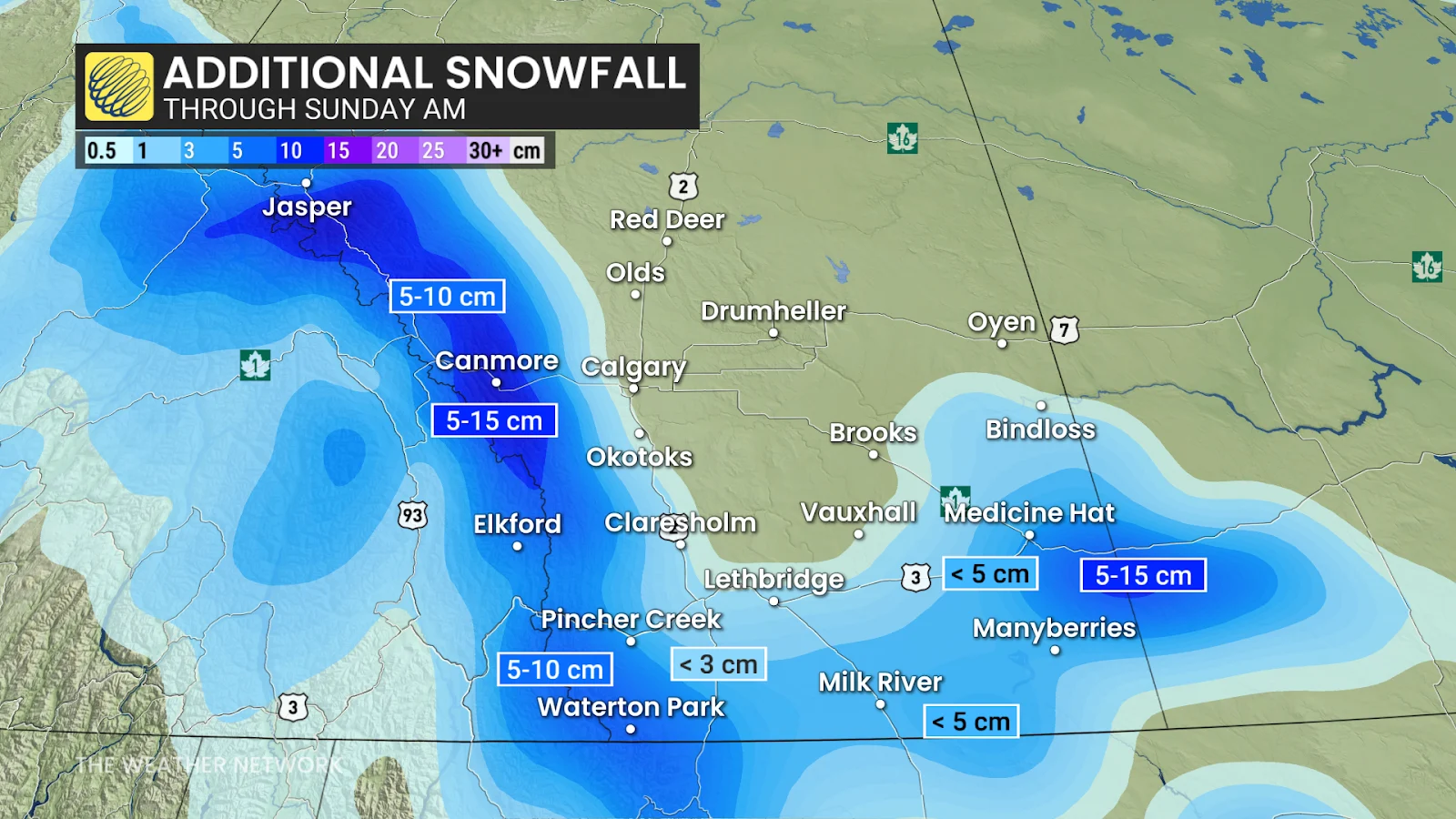Alberta additional snowfall through Sunday