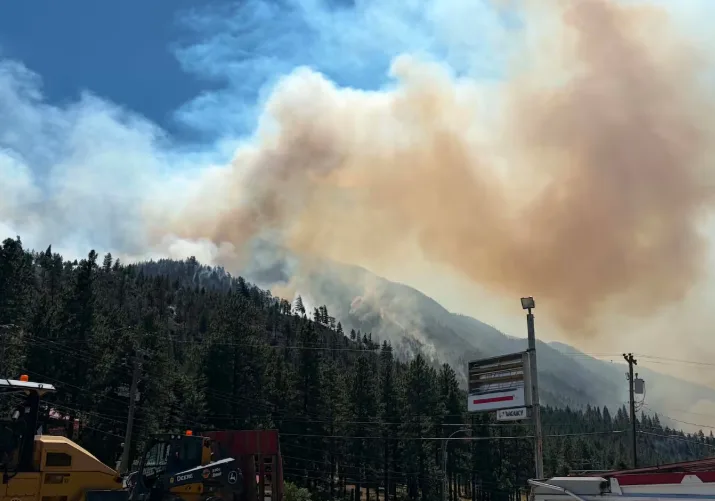 CBC: Smoke rises from the Saw Creek wildfire south of Lytton on Saturday. (Submitted by Tricia Thorpe)