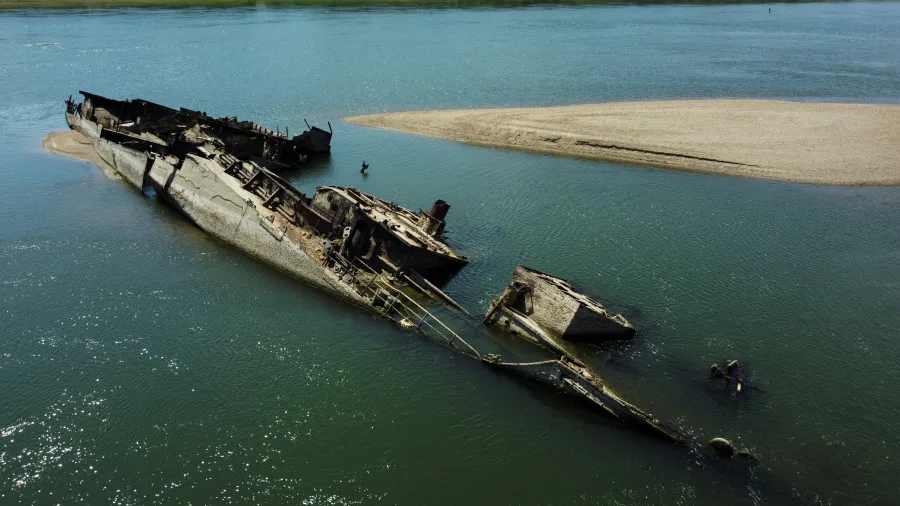 Low water levels reveal sunken WWII German warships on Danube