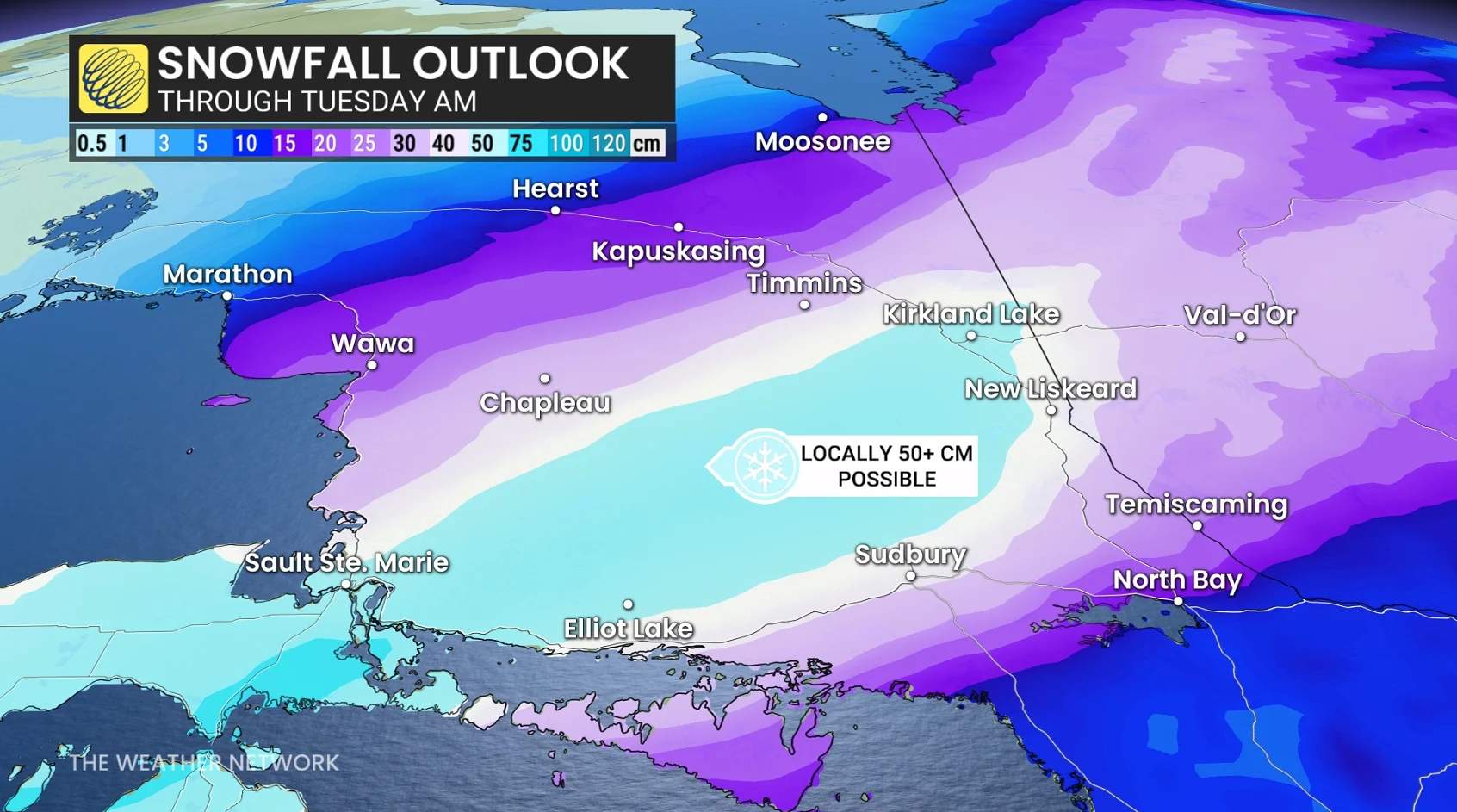 Northern Ontario snowfall accumulation through Tuesday morning