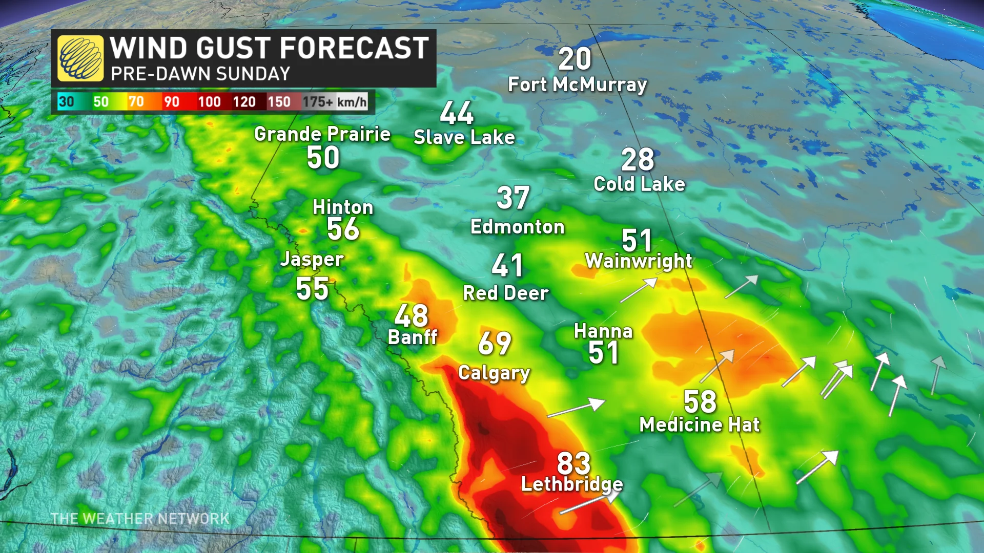 Alberta wind gusts pre-dawn Sunday morning