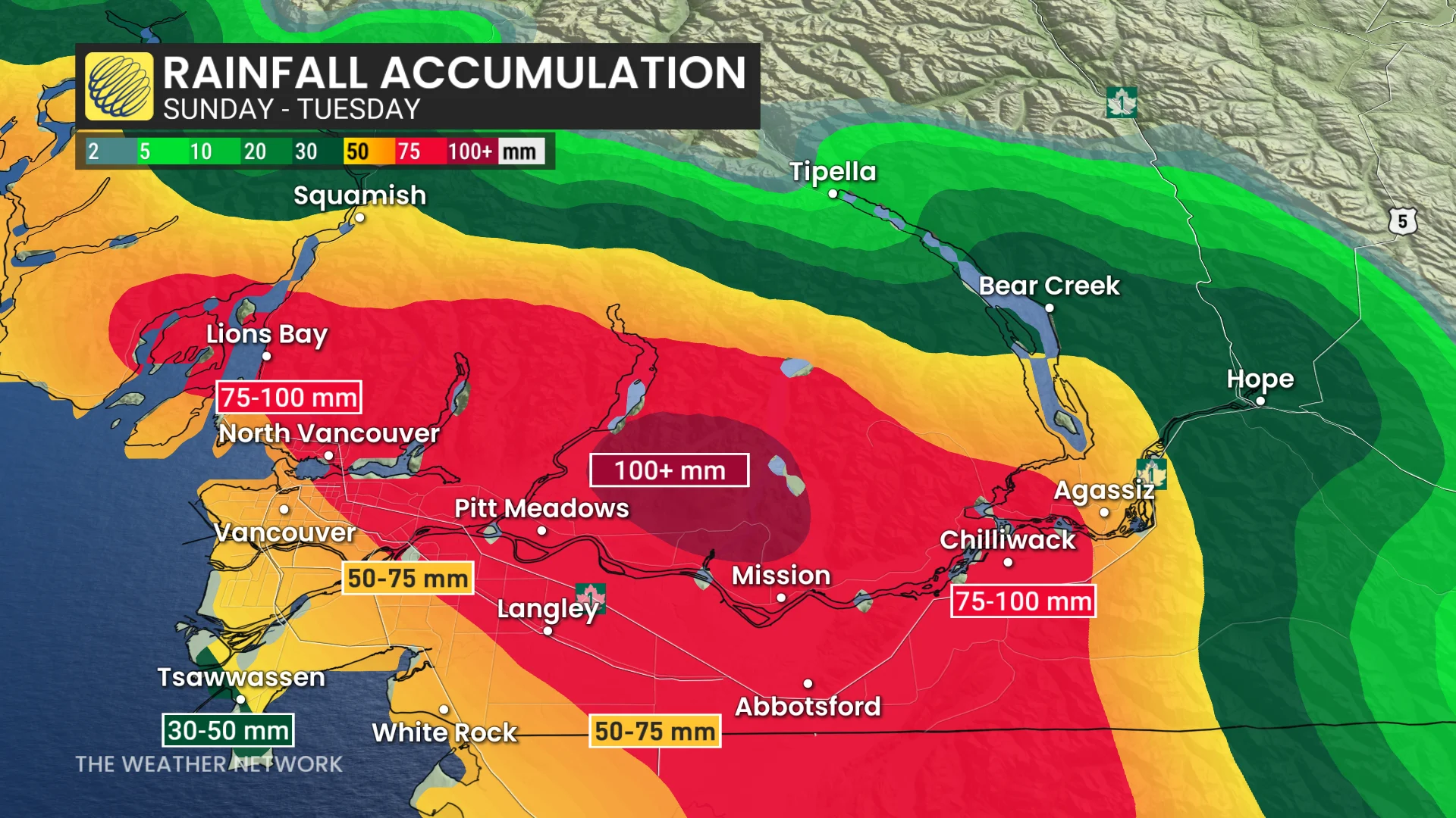 B.C. rainfall Lower Mainland Sunday to Tuesday