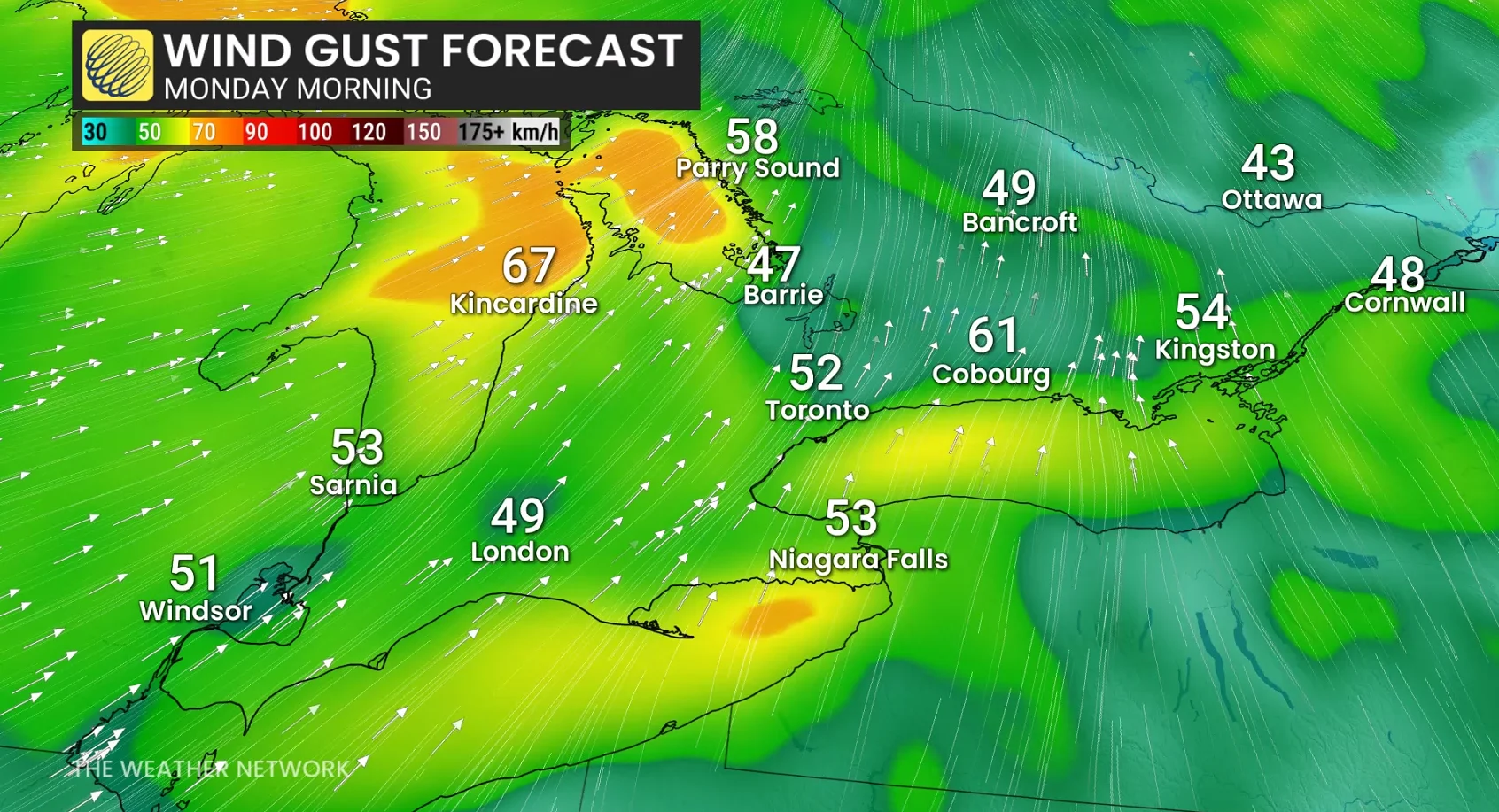 Ontario wind gust forecast Monday morning