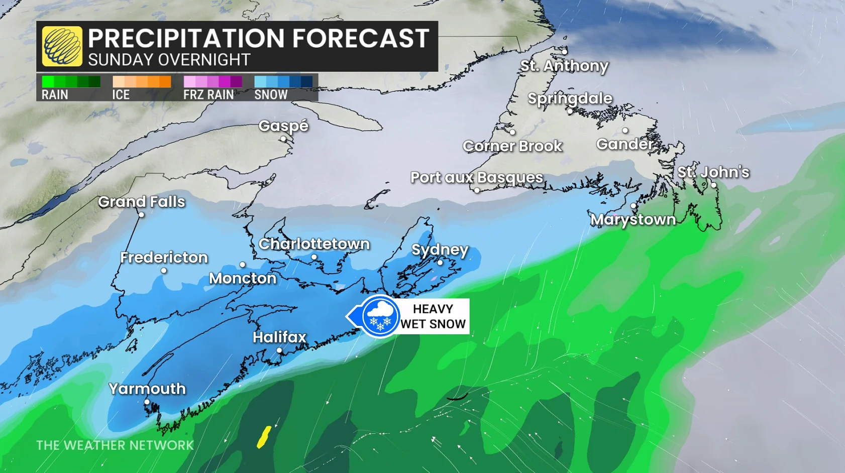 Atlantic Canada precipitation overnight Sunday