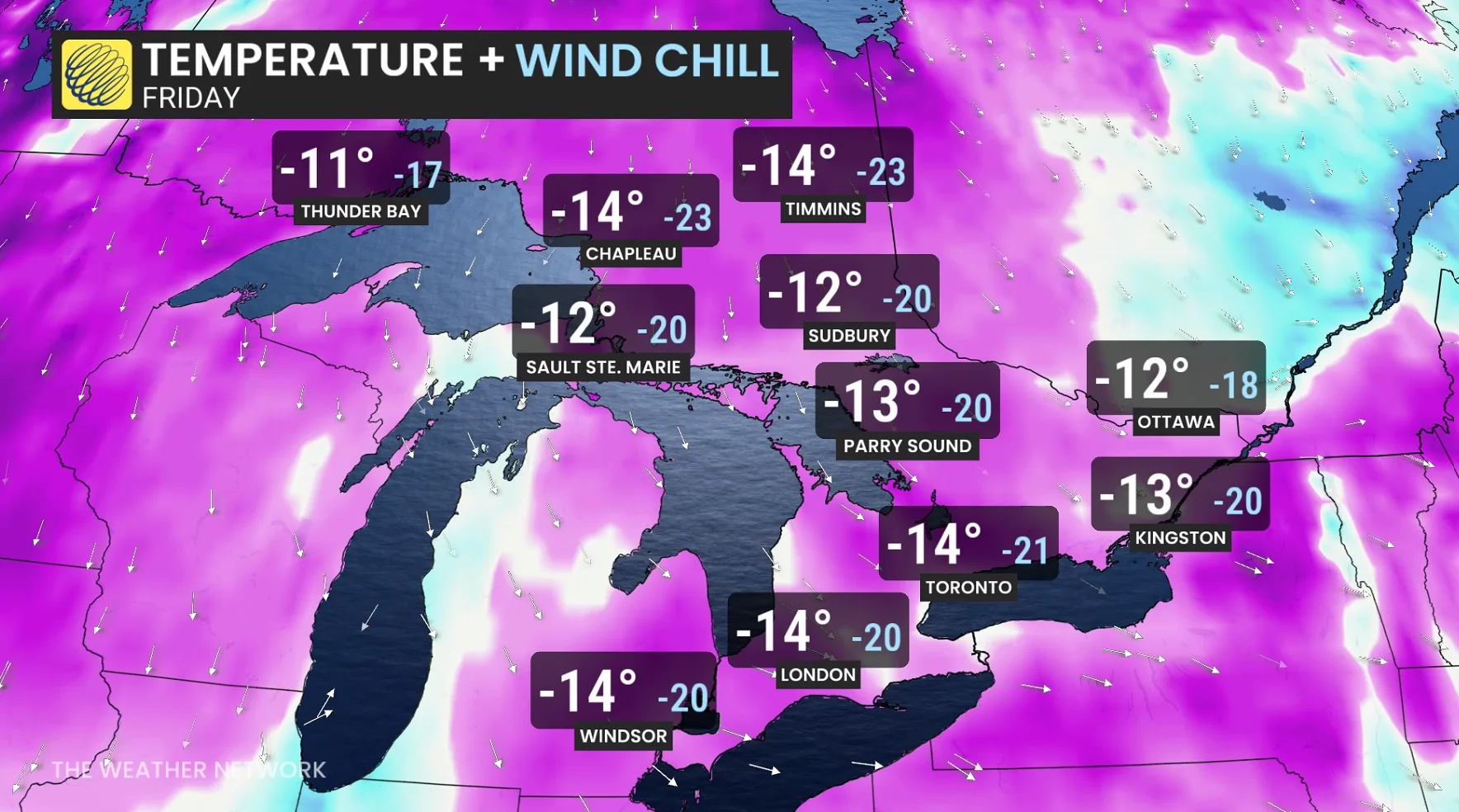Ontario temperatures and wind chills Friday