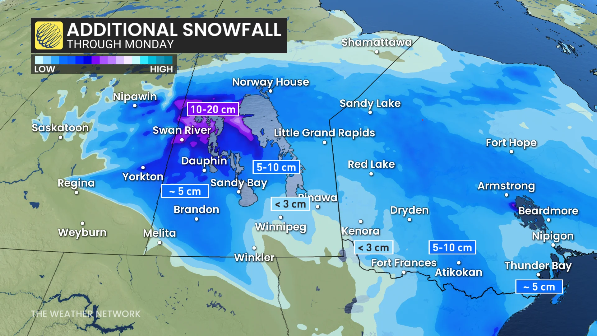 Prairies additional snowfall through Monday