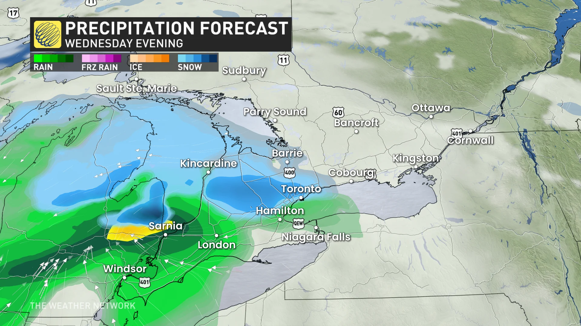 Baron - Wednesday evening precipitation in Ontario - Feb24