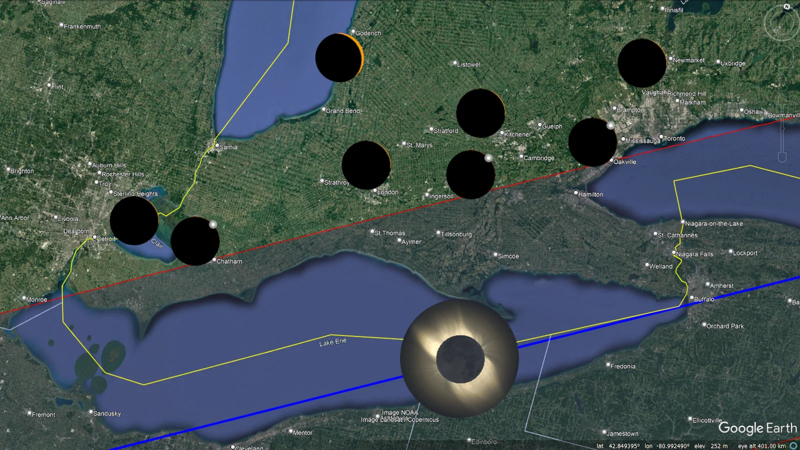 April 8 2024 - Path of Totality - SW Ont w icons