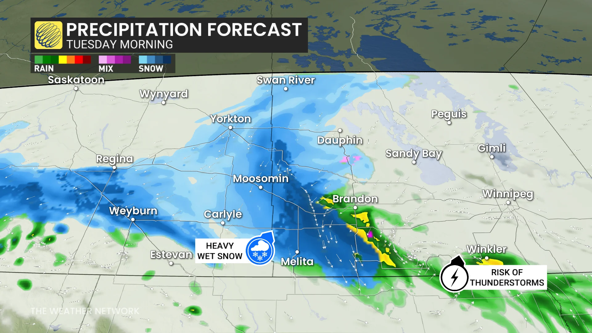Saskatchewan and Manitoba Tuesday morning precipitation timing