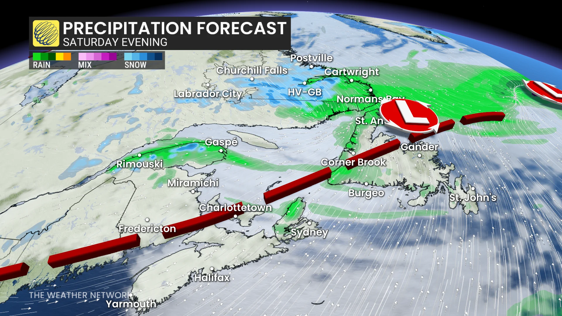 Atlantic Canada precipitation forecast Saturday evening