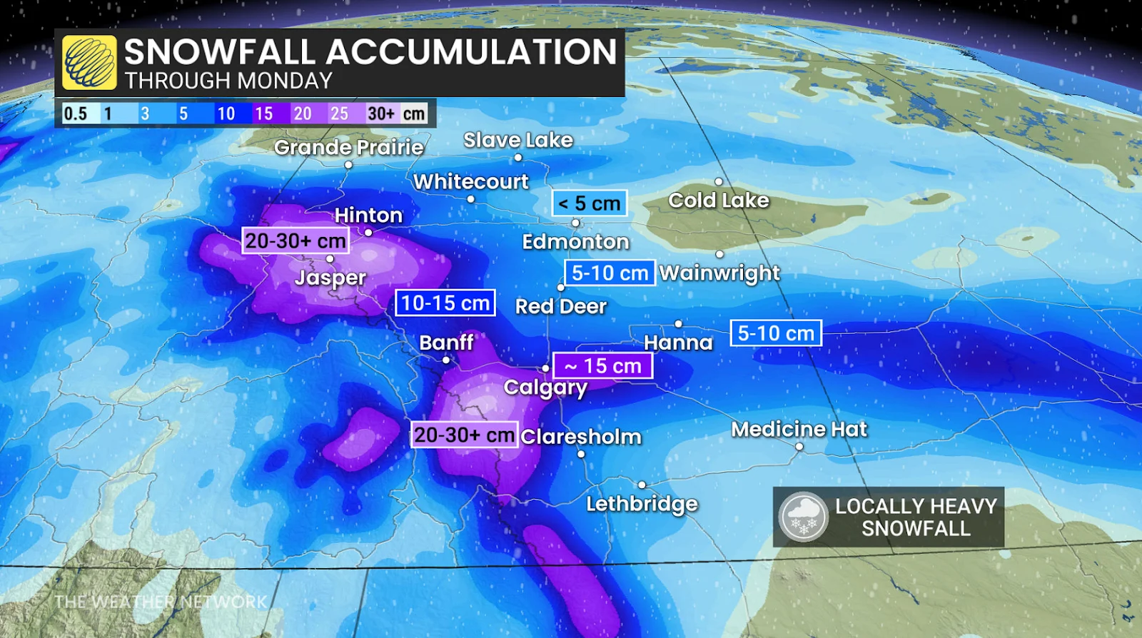 Alberta snowfall outlook through Monday