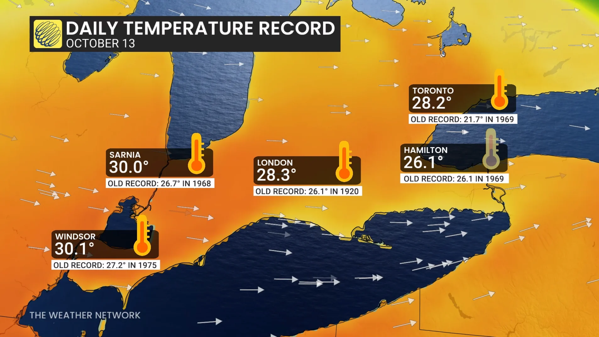 Southern Ontario daily temperature records Oct. 13