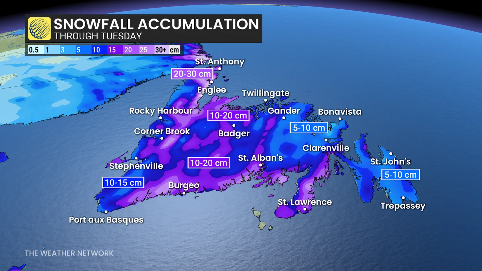 Snowfall Accumulation Newfoundland through Tuesday
