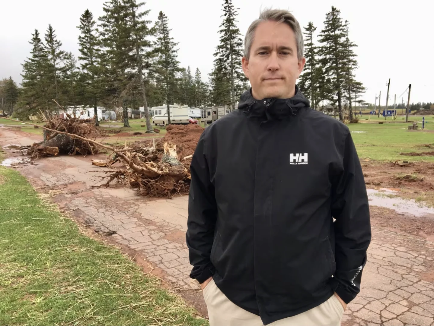 CBC: Crystal Beach Campground owner Matthew Wedge, seen here after post-tropical storm Dorian walloped his business in 2019. (Tom Steepe/CBC)