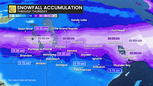 Manitoba-northwestern Ontario snowfall through Thursday