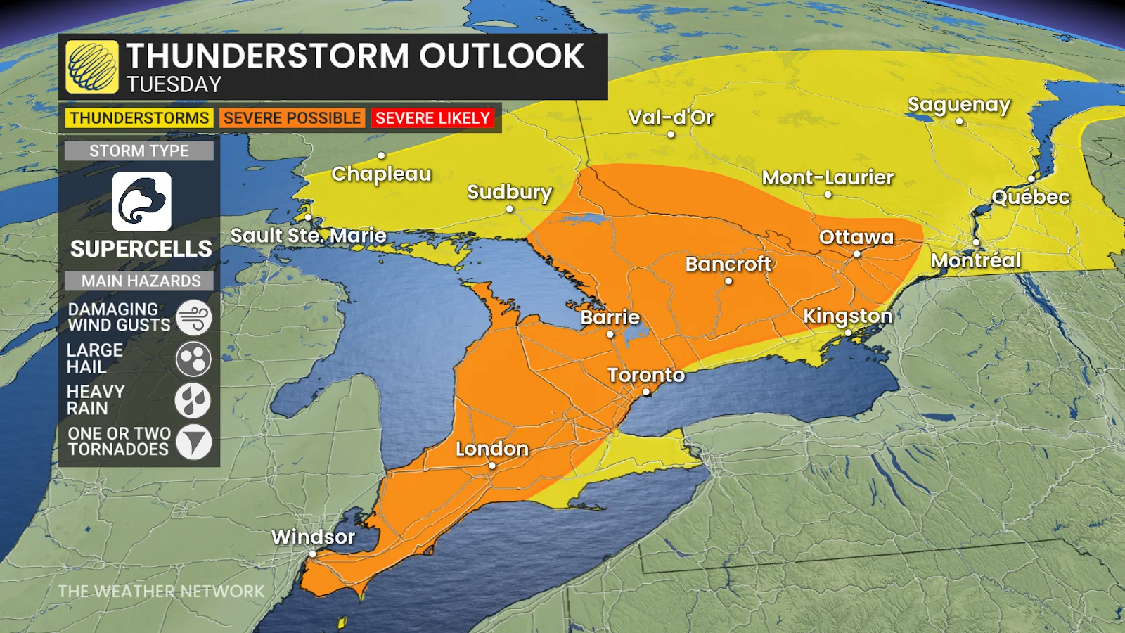 Ontario Tuesday severe thunderstorm risk map - April 28, 2025