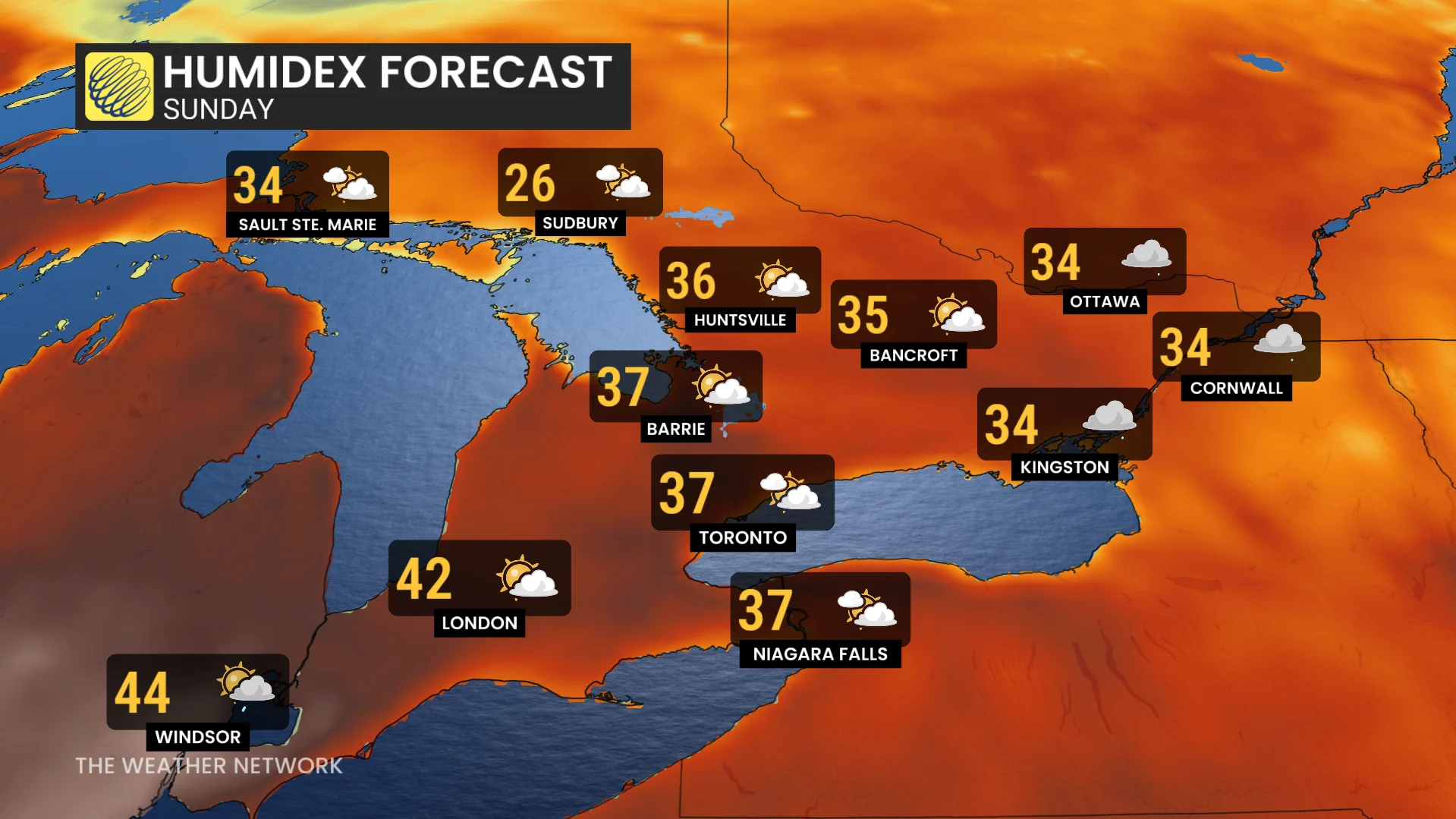 Southern Ontario humidex forecast Sunday