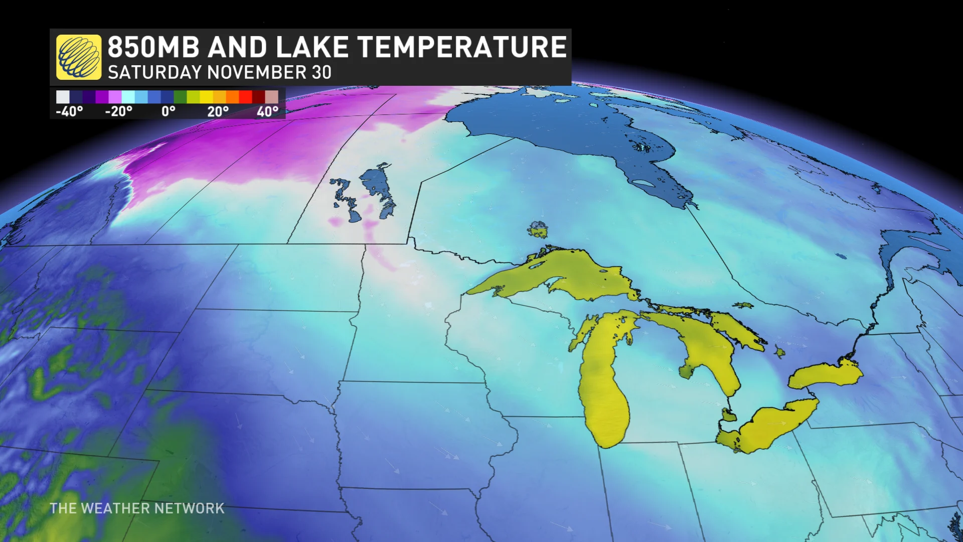 Ontario millibar and lake temperature of Great Lakes Saturday, Nov. 30