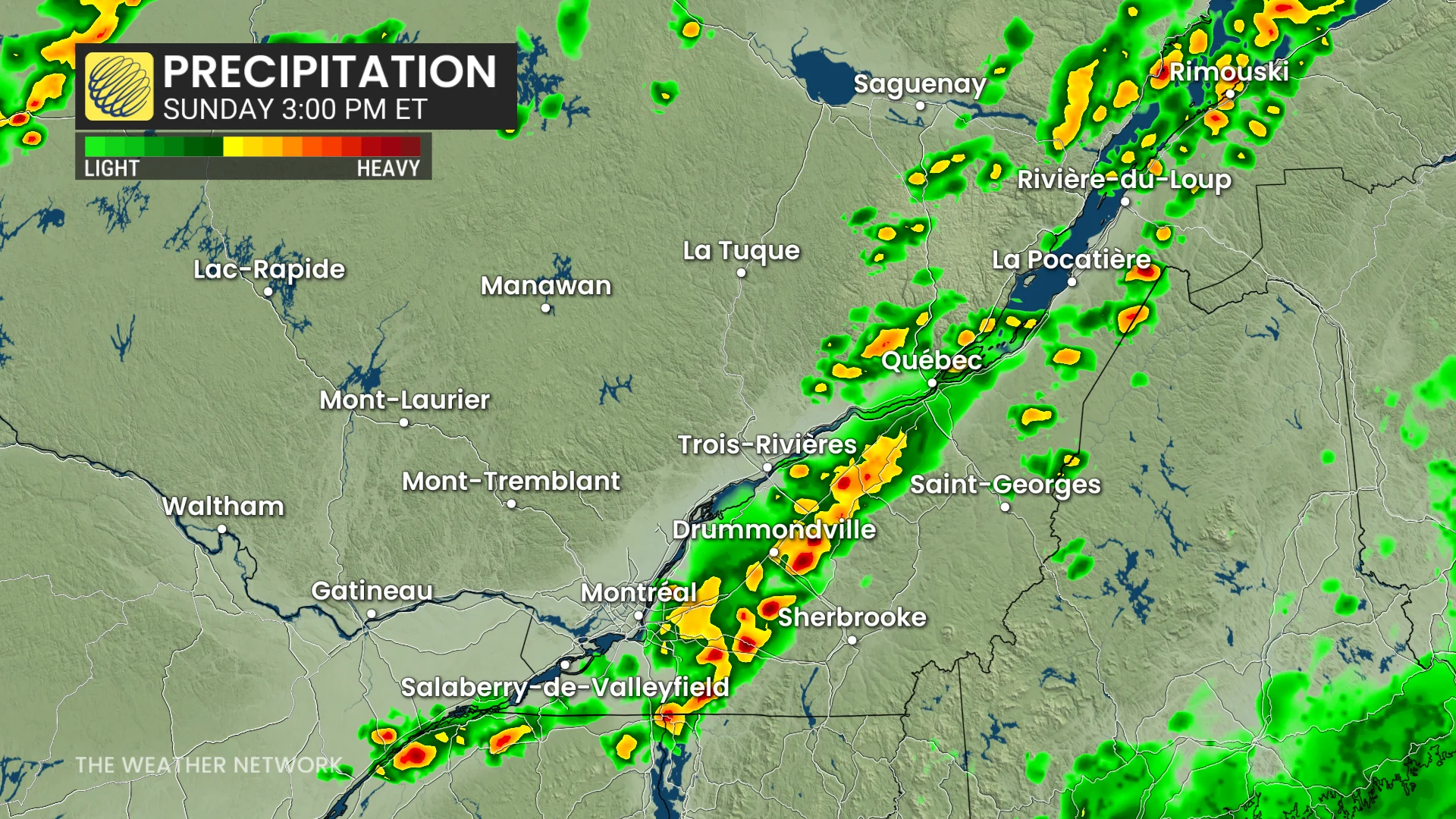 Quebec precipitation timing Sunday afternoon