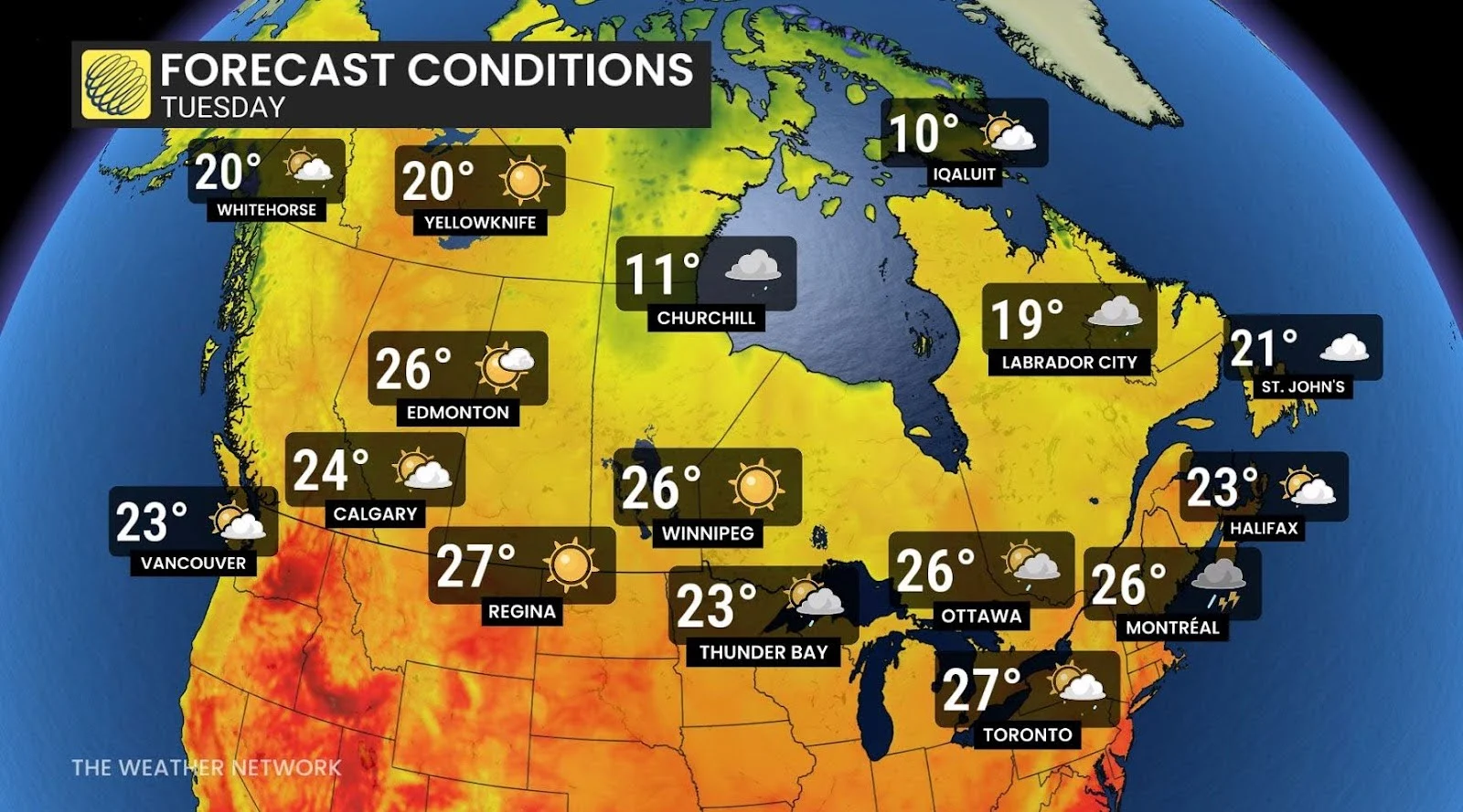 Canada Tuesday forecast conditions and temperatures - June 25, 2025
