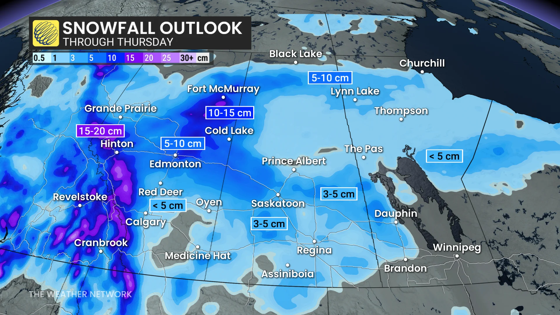 Prairies forecast snow totals through Thursday - Oct. 27, 2026