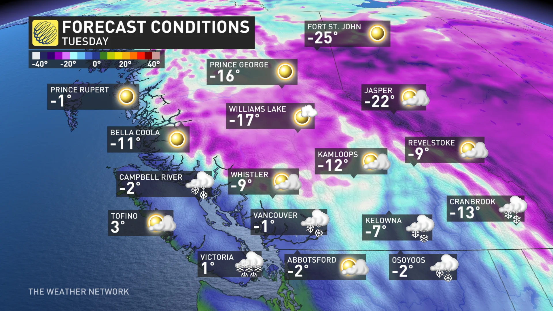 B.C. forecast conditions and icons Tuesday