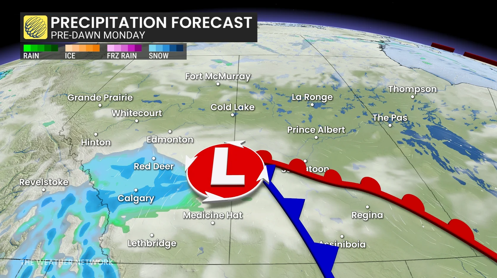 Prairies precipitation timing Monday morning