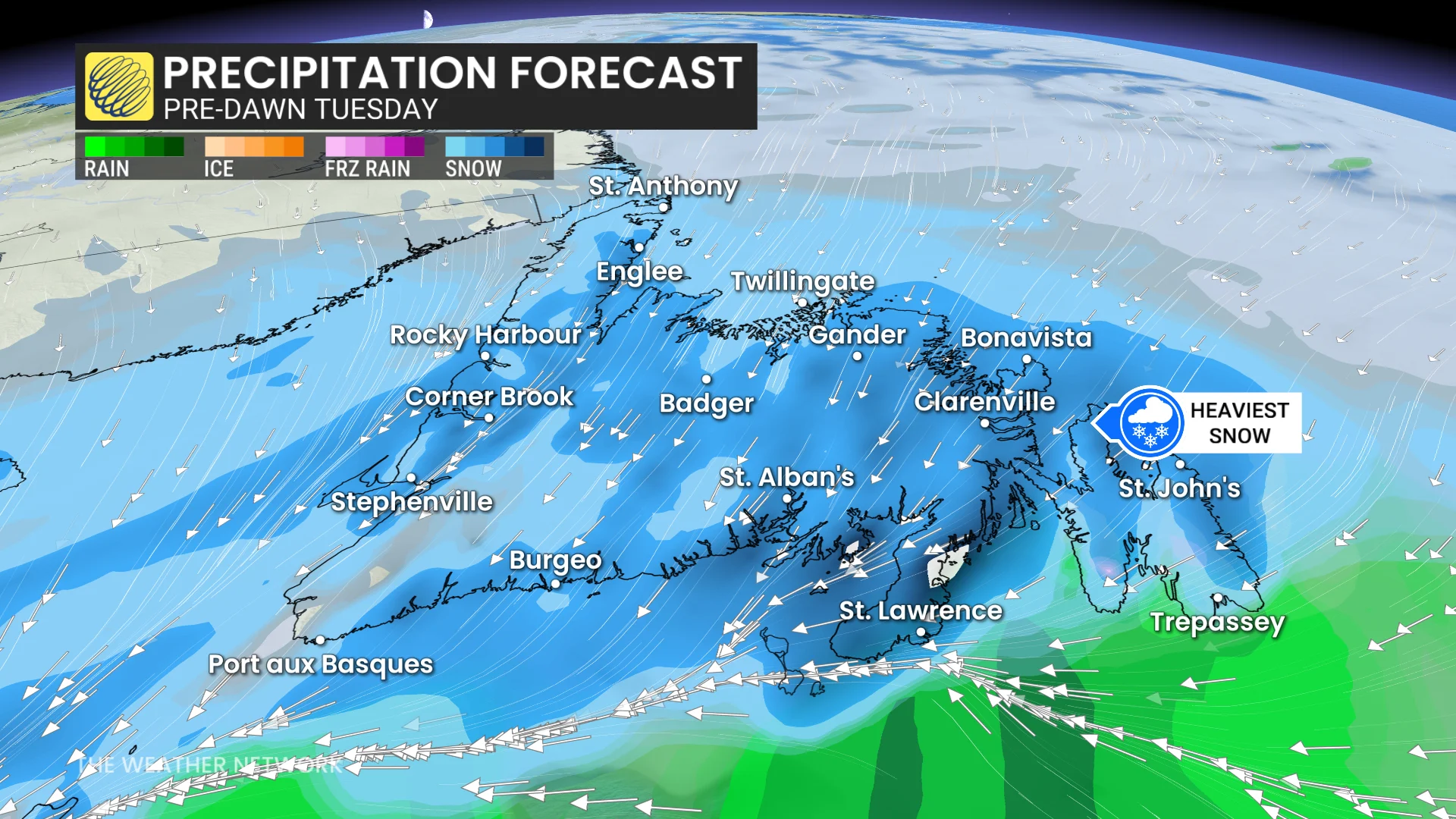 Newfoundland precipitation timing Tuesday morning