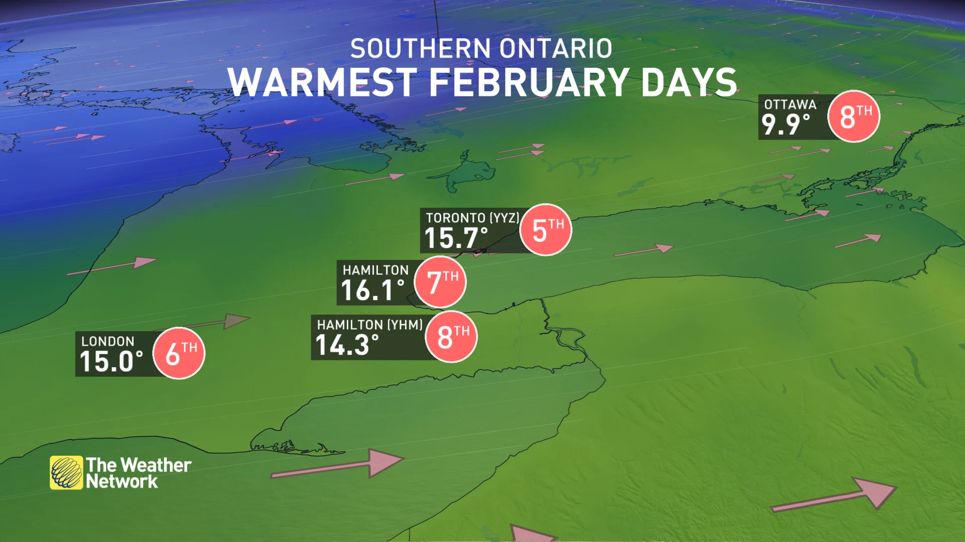 Ontario top-ten warmest Feb days