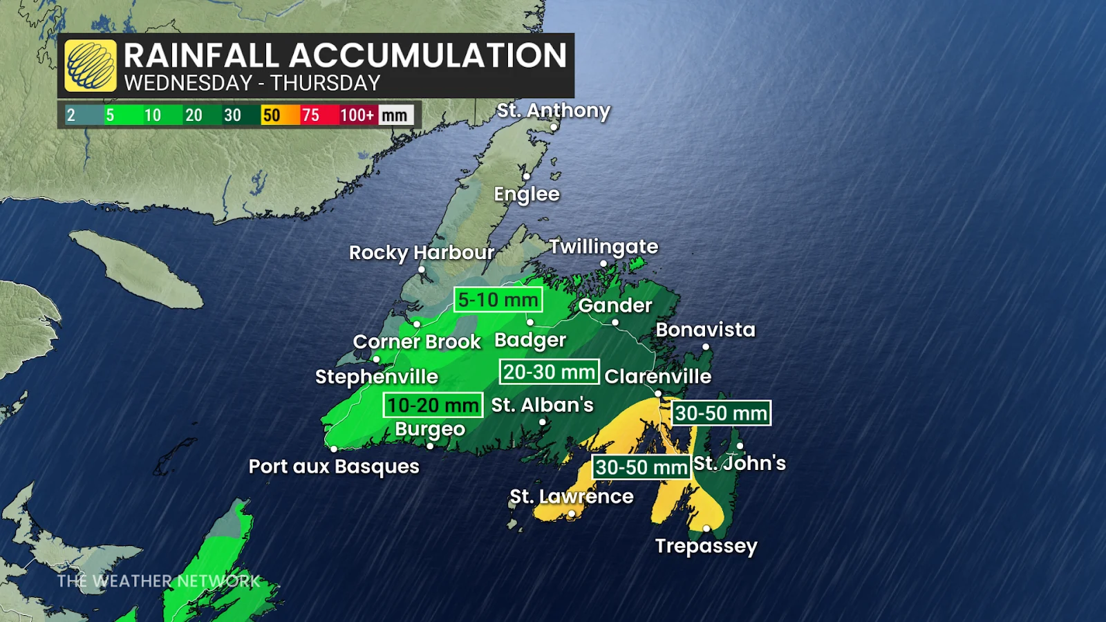 Newfoundland forecast rain totals Wednesday-Thursday - Feb. 25, 2025