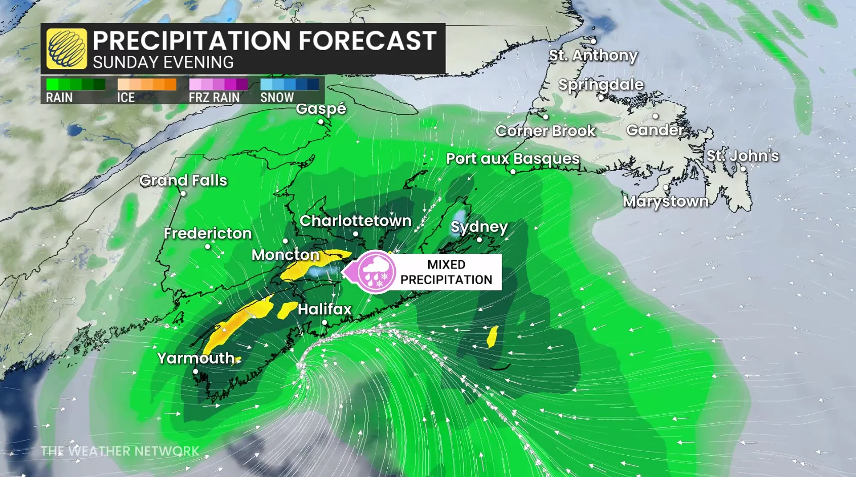 Atlantic Canada precipitation forecast Sunday evening