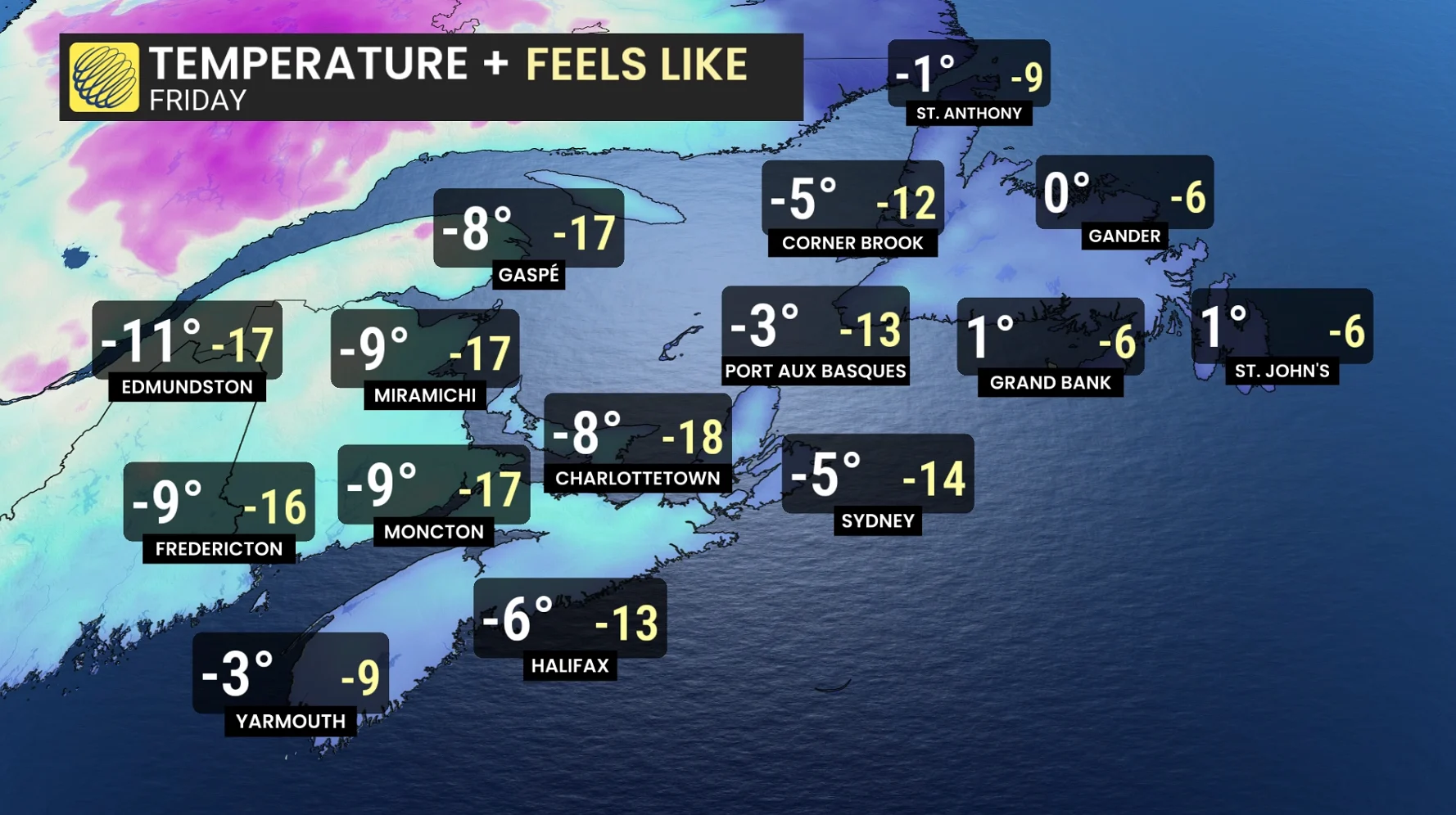 Atlantic Canada temperature and feels-like Friday