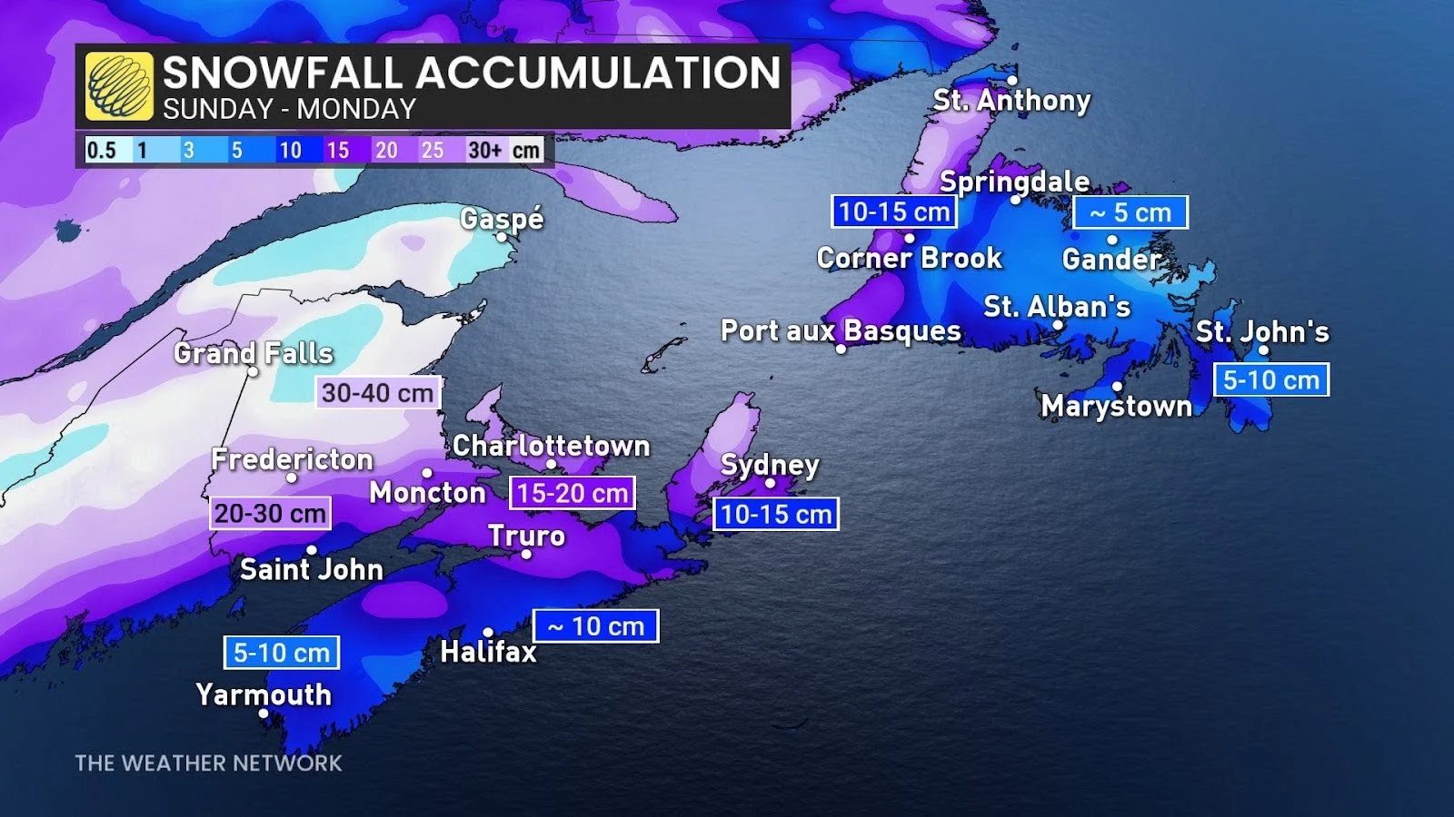 Atlantic Canada forecast snowfall amounts through Monday - Feb. 16, 2025