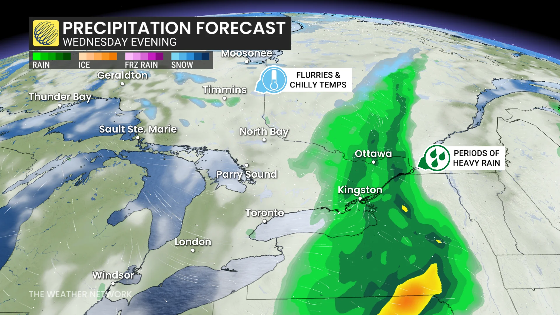 Ontario precipitation timing Wednesday evening