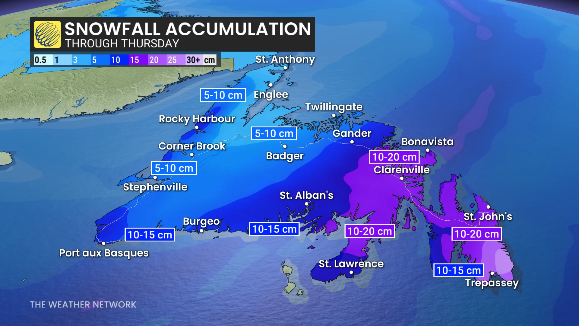 Newfoundland snowfall accumulation through Thursday