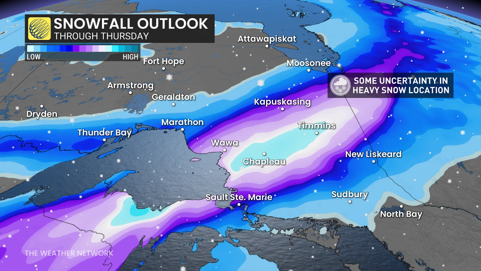Northern Ontario forecast snowfall accumulation Wednesday-Thursday - March 17, 2025