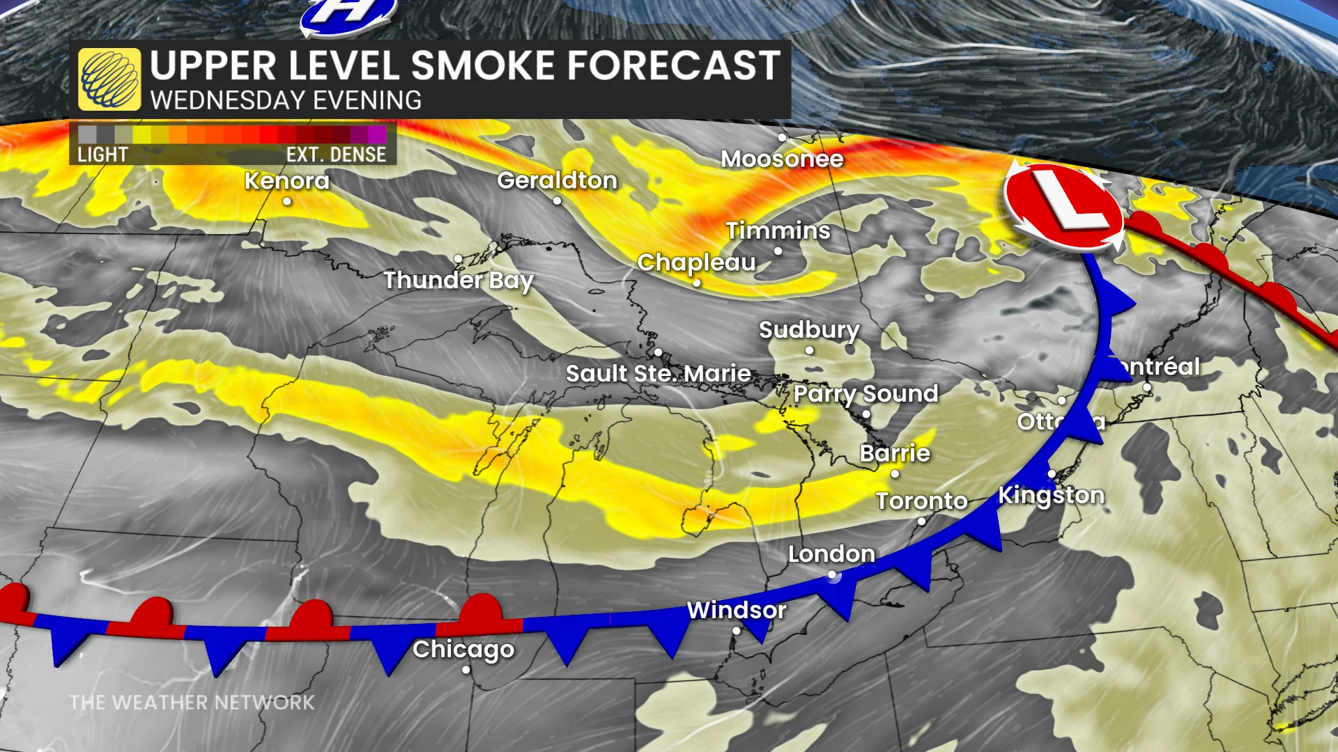 Ontario upper-level smoke forecast Wednesday evening