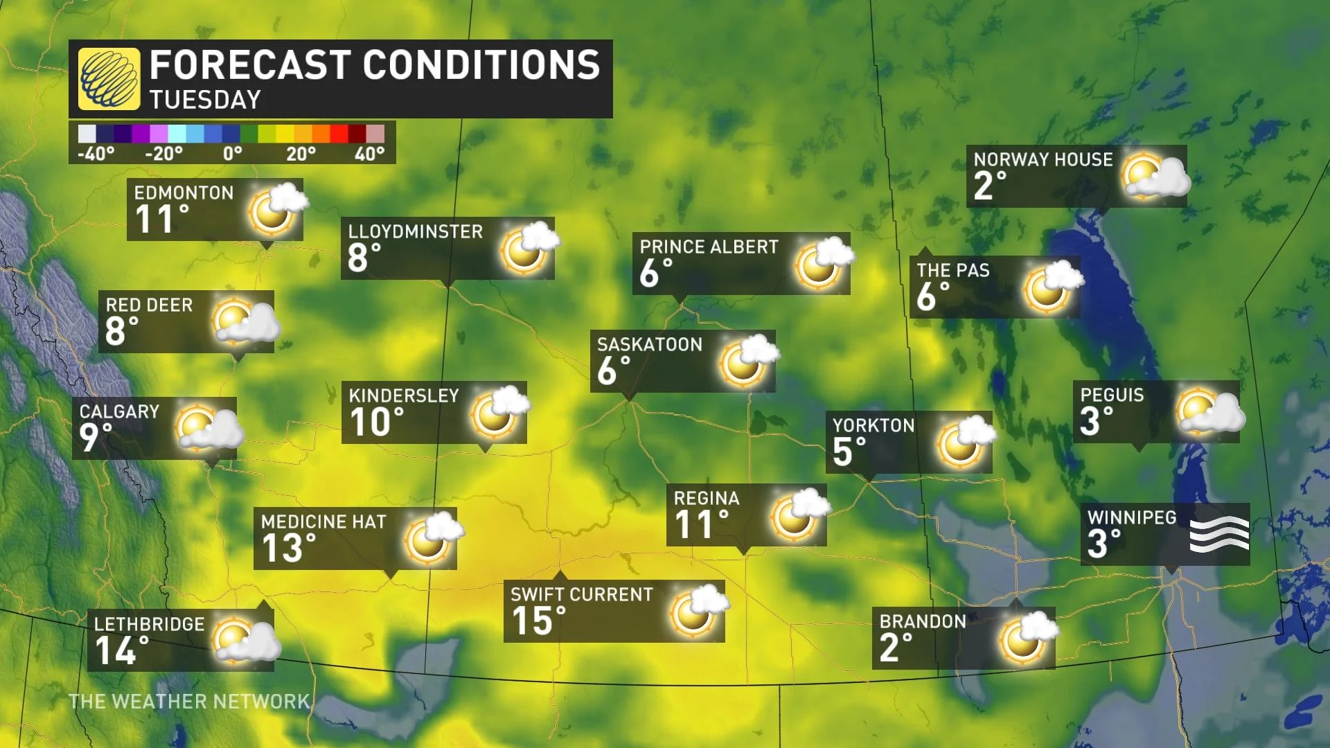 Prairies Tuesday temperature icons
