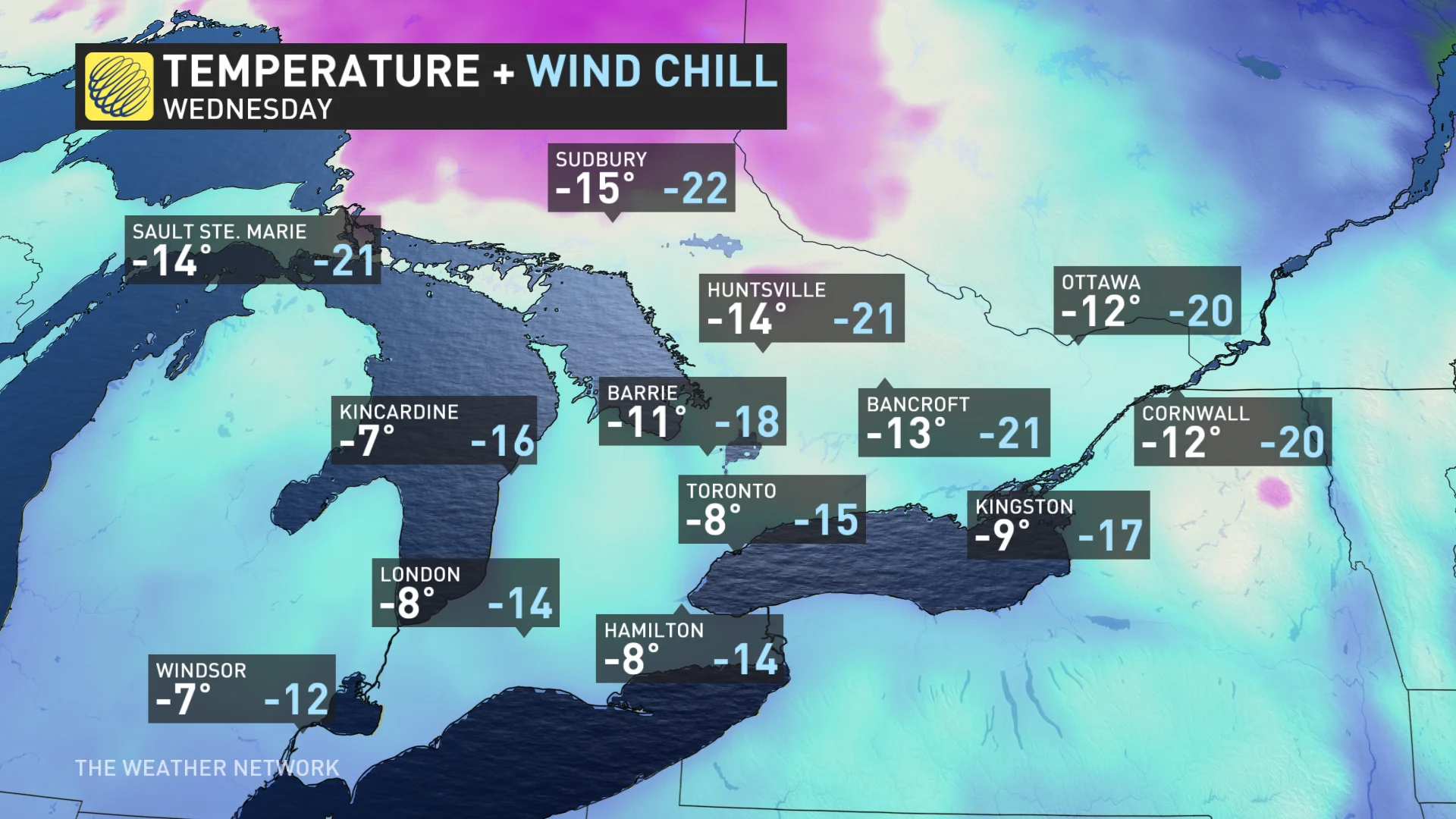 Wednesday temperatures and wind chill Ontario