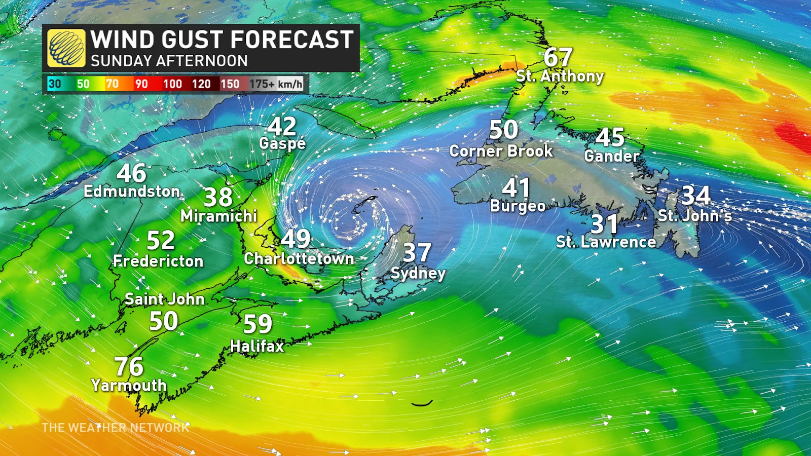 Maritimes wind gust Sunday