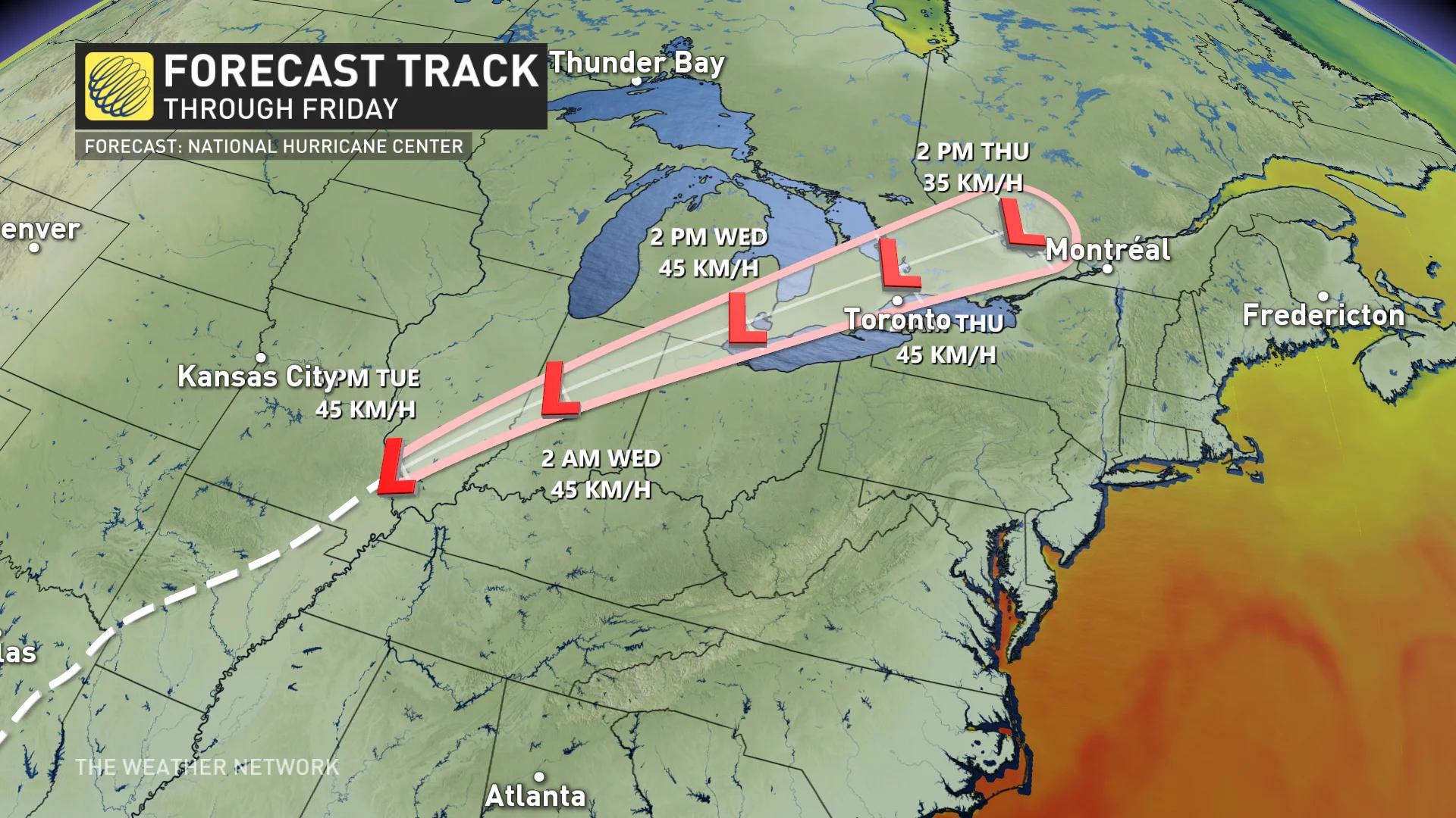 Beryl remnant moisture forecast track Ontario and Quebec