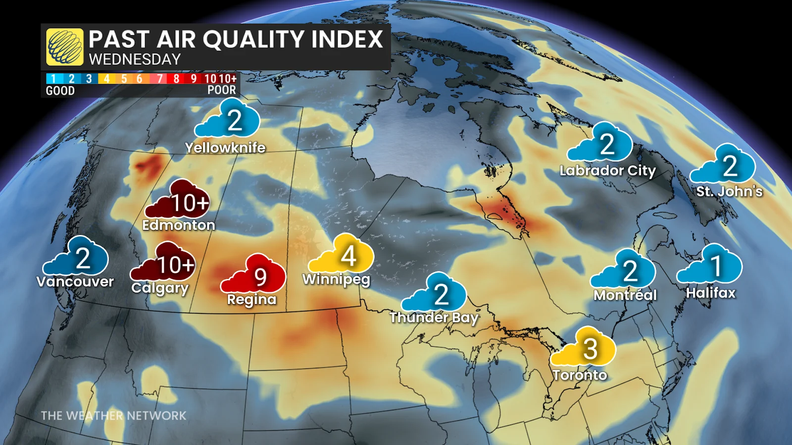 Canada Wednesday air quality index ratings - June 11, 2025