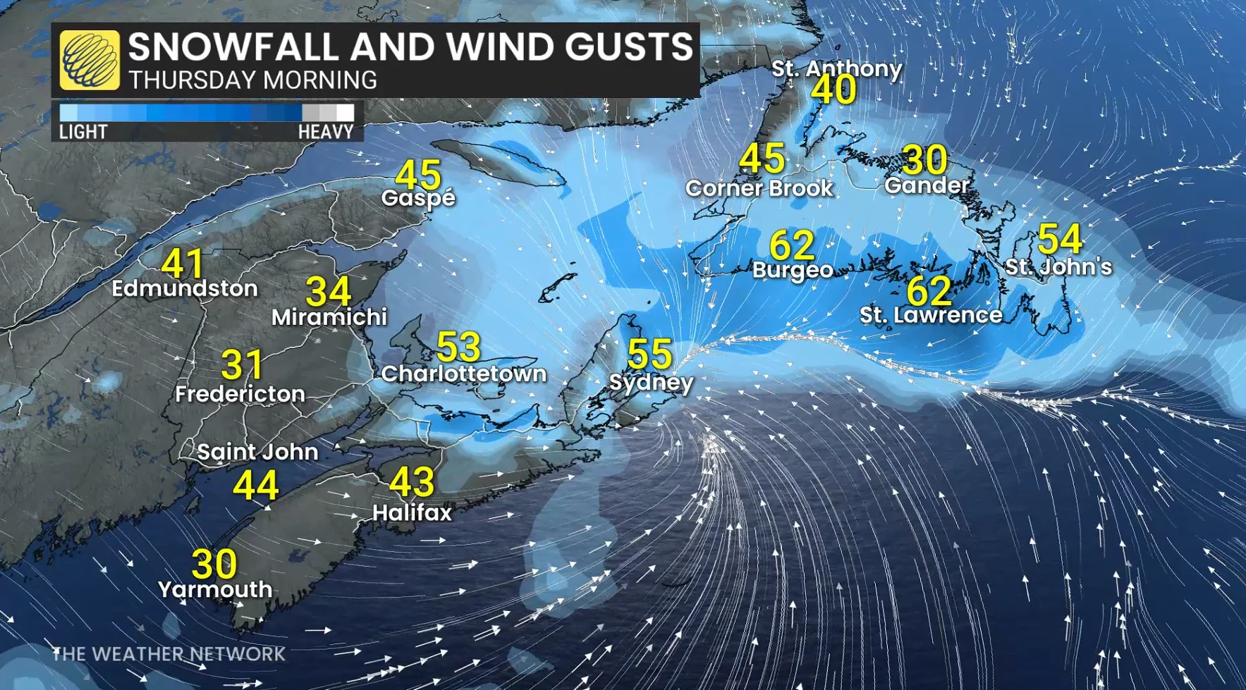 Atlantic Canada snowfall and wind gusts Thursday morning