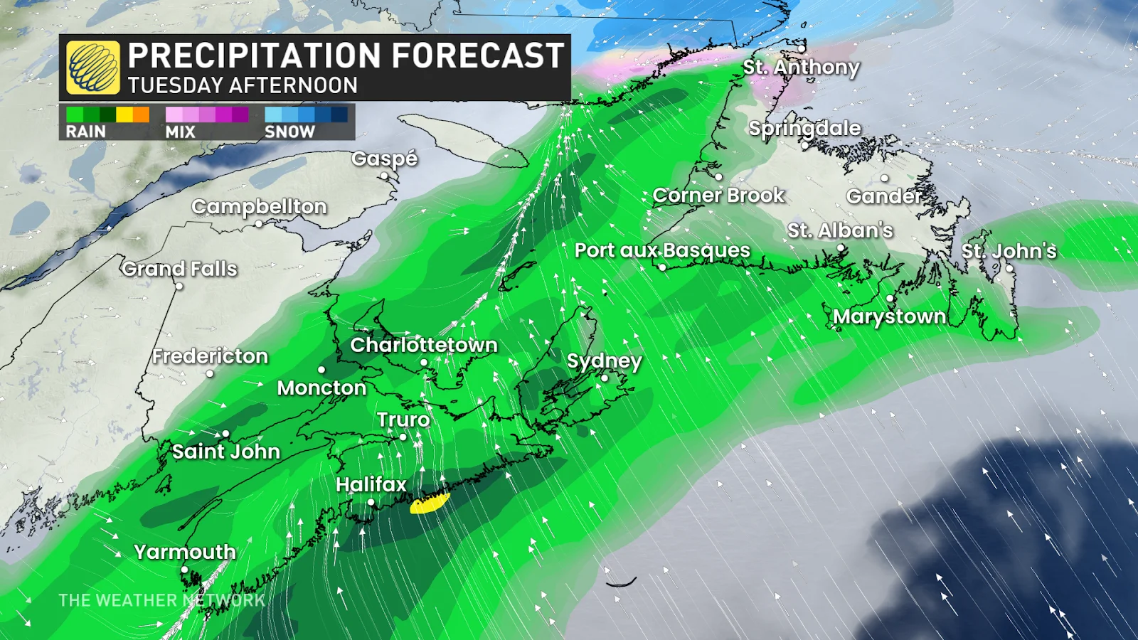 Atlantic Canada forecast radar precipitation Tuesday afternoon - March 31, 2025