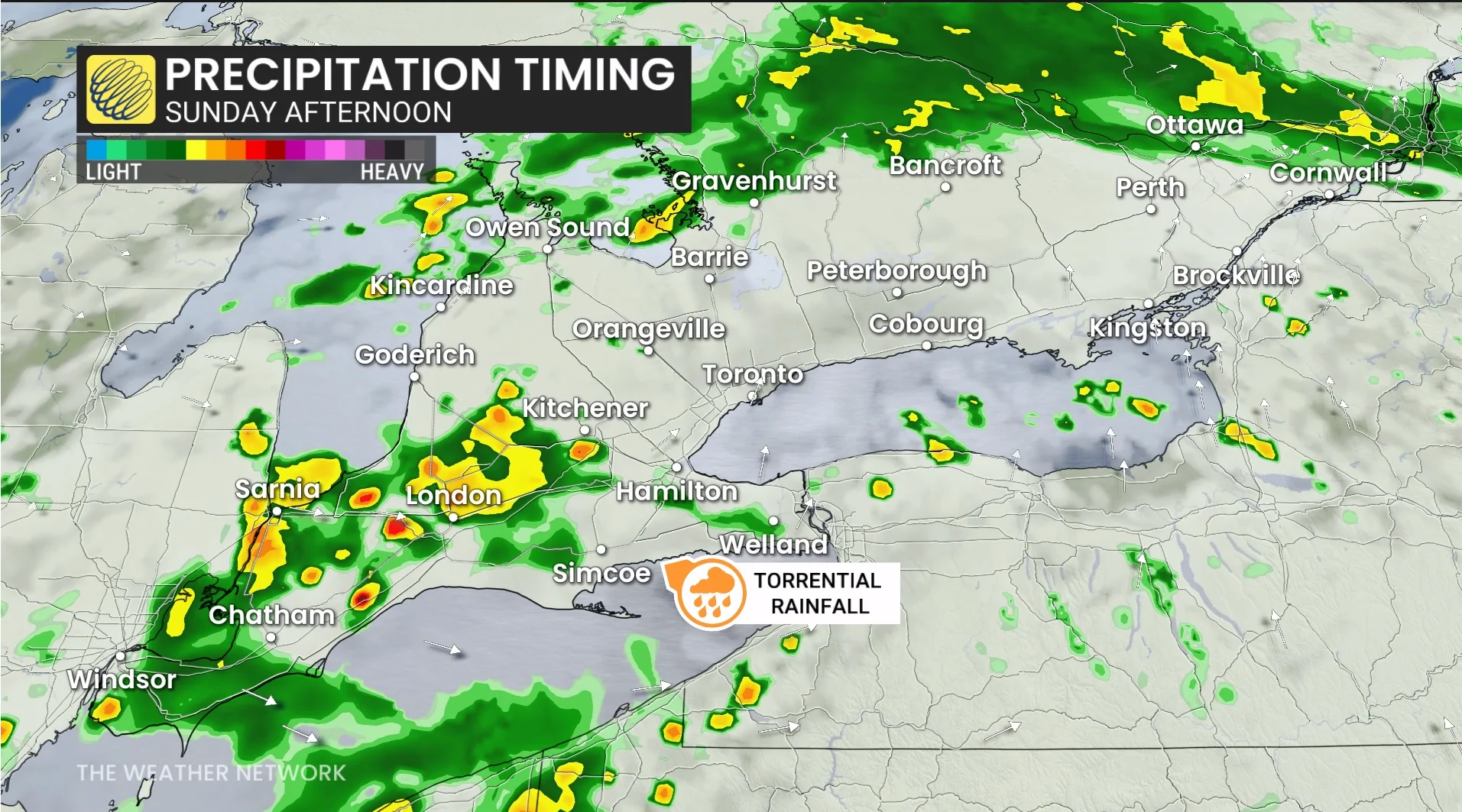 Ontario precipitation timing Sunday afternoon