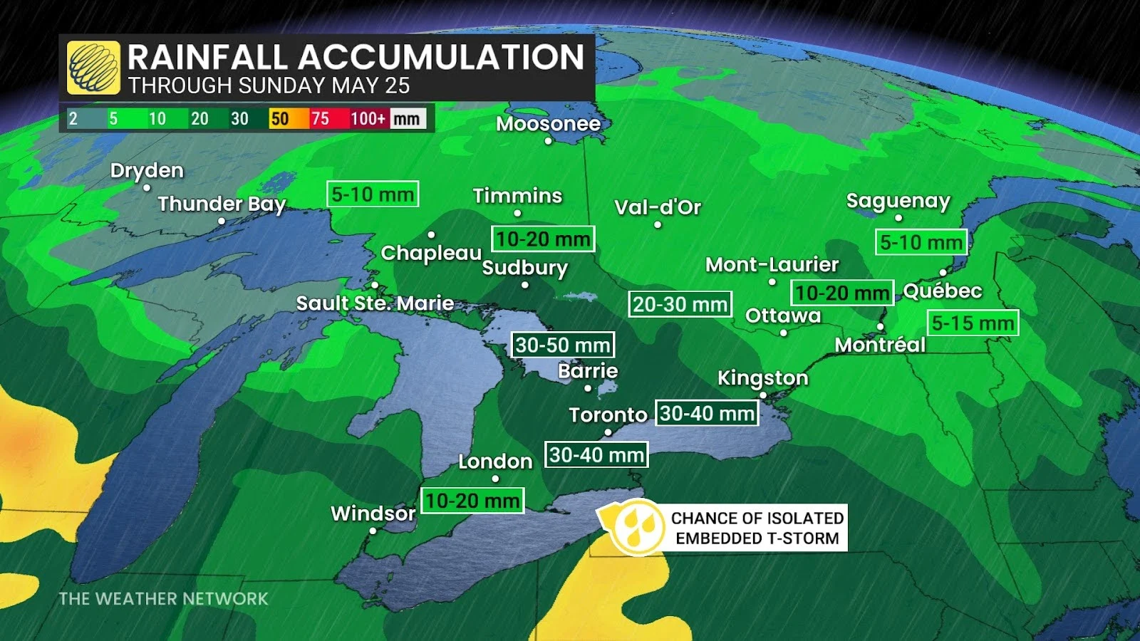 Ontario forecast rainfall totals through the week - May 20, 2025