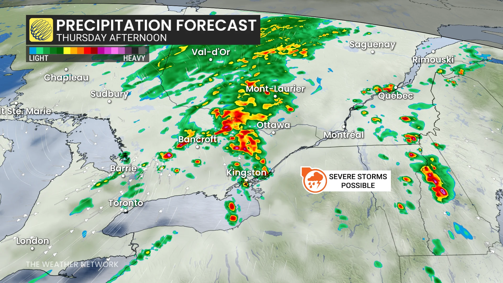 Ontario and Quebec precipitation timing Thursday afternoon