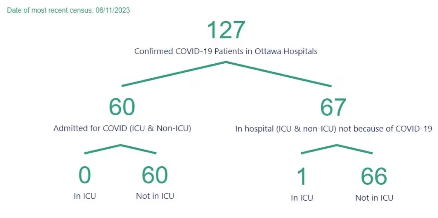 cbc: Ottawa Public Health has a COVID-19 hospital count that shows all hospital patients who tested positive for COVID, including those admitted for other reasons and who live in other areas. (Ottawa Public Health)